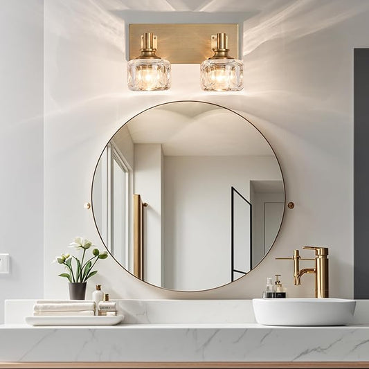 Bathroom Vanity Lights 13.4" Vintage Crystal Glass Vanity Light 2 Lights Brass Antique Bathroom Light Fixtures(7.7pounds)