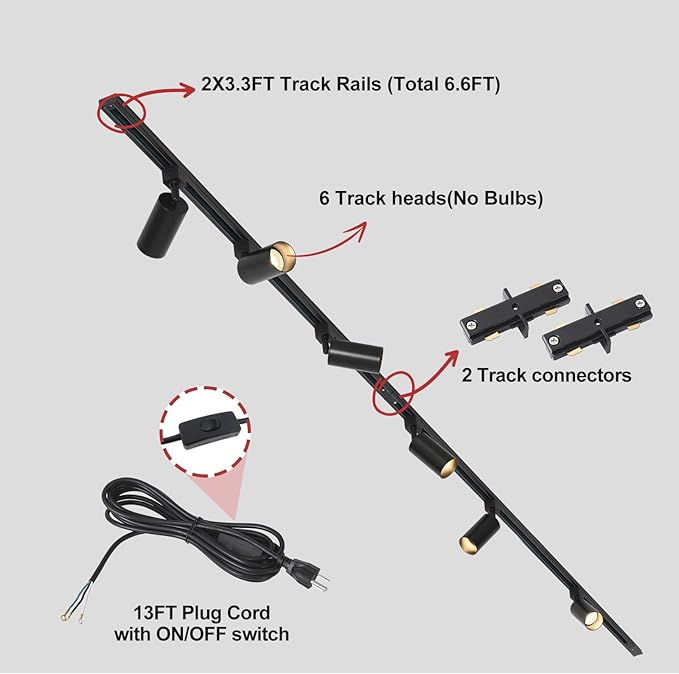 Plug in Track Lighting with Power Cord, 6-Light GU10 Track Lighting Kit with 6.6FT H Type Track Lighting Rails, Modern Kitchen LED Track Lighting Fixtures Ceiling Spot Light, Black (No Bulbs)