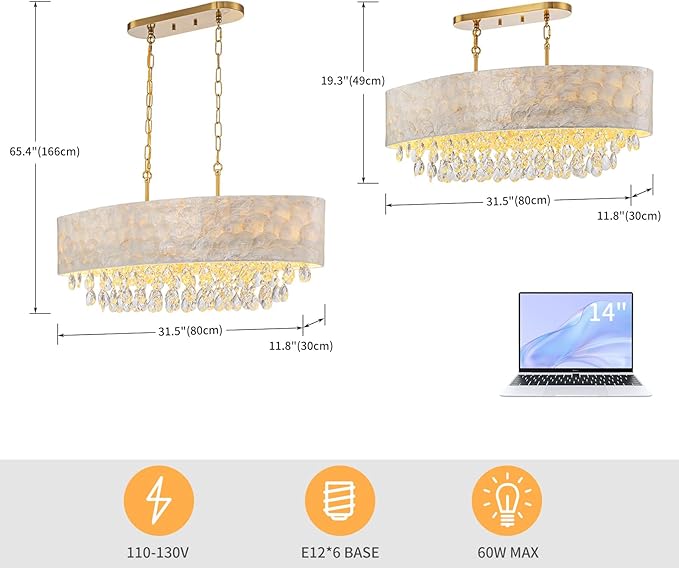 LumFurn 6-Light Oval Capiz Shell Crystal Linear Chandeliers, Coastal Design Light Fixture for Dining Room, Kitchen Island, L32xW12xH19~65 Inch(Adjustable), Shell Lampshade & Brass Finish