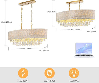 LumFurn 6-Light Oval Capiz Shell Crystal Linear Chandeliers, Coastal Design Light Fixture for Dining Room, Kitchen Island, L32xW12xH19~65 Inch(Adjustable), Shell Lampshade & Brass Finish