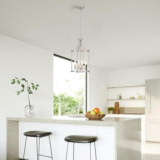 XINGQI Brushed Nickel Chandeliers for Dining Room,4 Light Hanging Lantern Pendant Light Fixture Metal Farmhouse Geometric Chandelier Cage Pendant for Kitchen Island Entryway Living Room