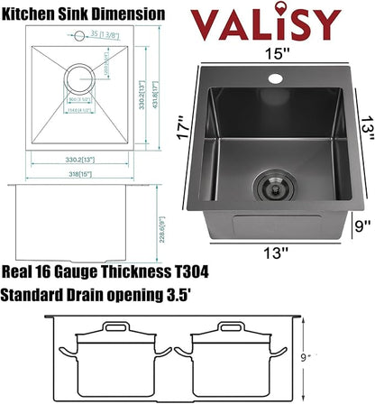 15x17 Inch Black Bar Sink Drop In Kitchen Sink, Topmount Stainless Steel Square Small Sinks, Single Bowl Kitchen Sinks for Laundry Wet Bar Prep RV Office Outdoor Yard with Grid & Drain