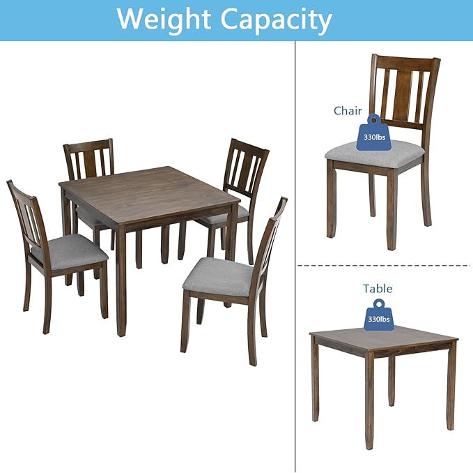 5-Piece Solid Wood Dining Table Set with 4 Upholstered Chairs, Square Dining Table Set for 4, Modern Kitchen and Dining Room Table and Chairs Set of 4, Walnut