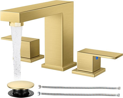Cobbe Bathroom Faucets for Sink 3 Hole, Brushed Gold Bathroom Sink Faucet Square 8 inch Widespread with Pop-Up Drain, 2 Handle and 2 Supply Hoses, Lead-Free Stainless Steel for Vanity, Rv, Farmhouse