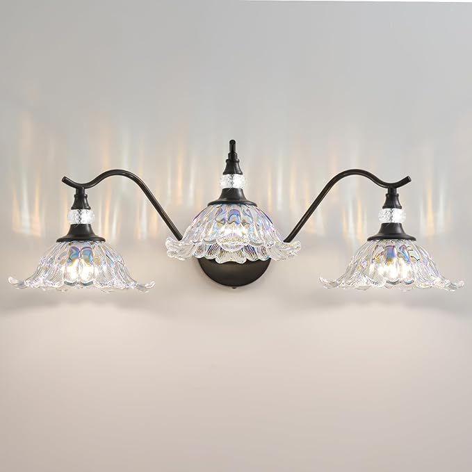 Vintage Bathroom Vanity Light Fixtures - 3 Light Iridescent Flower Glass Antique Matte Black Bathroom Lights Fixture Over Mirror,Retro High End Wall Mounted Vanity Lighting for Bath Powder Room