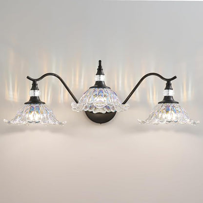 Vintage Bathroom Vanity Light Fixtures - 3 Light Iridescent Flower Glass Antique Matte Black Bathroom Lights Fixture Over Mirror,Retro High End Wall Mounted Vanity Lighting for Bath Powder Room