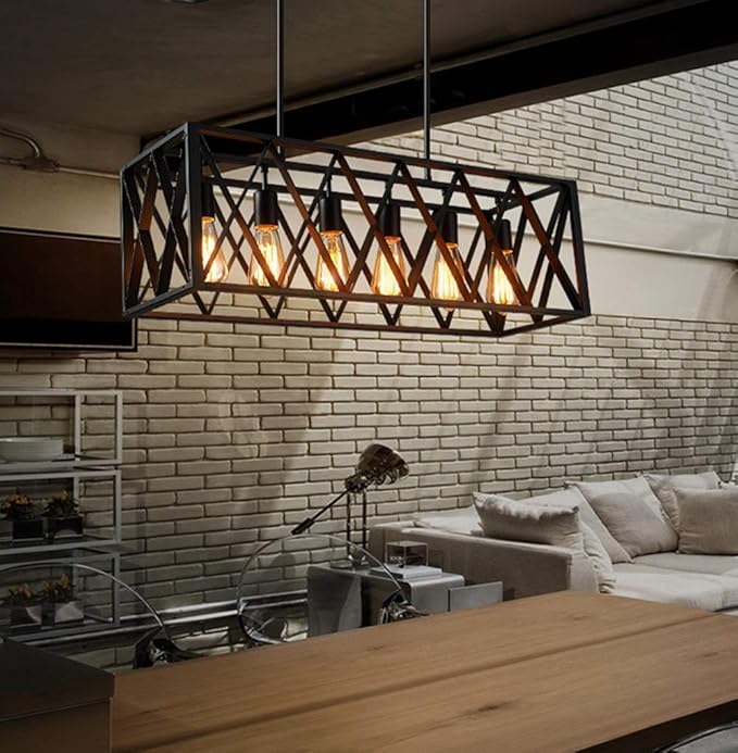 A Million Industrial Metal cage Pendant Vintage 6 Lights Black Kitchen Island Chandelier 31" for Kitchen Island Bar Farmhouse Living Room Bedroom, E26 Socket