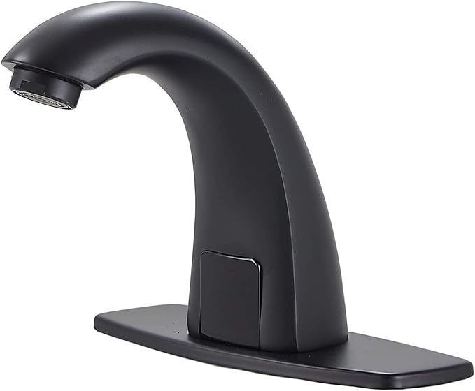 Automatic Touchless Faucet Black Bathroom Sink Faucet Electronic Sensor with Hole Cover Plate Control Box and Temperature Mixer AC/DC Powered Motion Activated Hands-Free Deck Mount