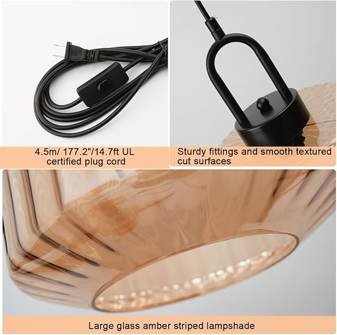 Plug in Pendant Lights Amber Glass Lampshade Large Globe Hanging Lamp Kitchen Island Mid Century Hanging Lamp with 14.7 ft Plug in Cord Swag Style Plug in Light Fixture for Living Room