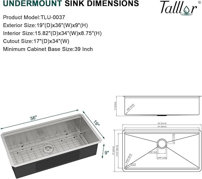 36 Inch Undermount Kitchen Sink - 36x19 Workstation All-In One 16 Gauge T-304 Stainless Steel Single Bowl Under Counter Large Kitchen Sink with Cutting Board and New-Accessories #TLU-0037