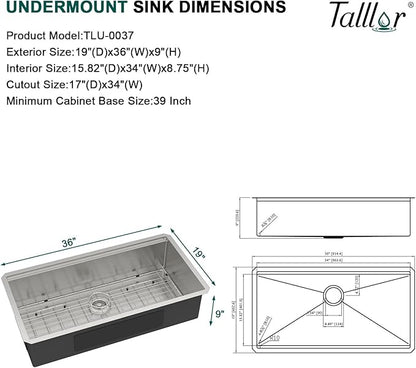 36 Inch Undermount Kitchen Sink - 36x19 Workstation All-In One 16 Gauge T-304 Stainless Steel Single Bowl Under Counter Large Kitchen Sink with Cutting Board and New-Accessories #TLU-0037
