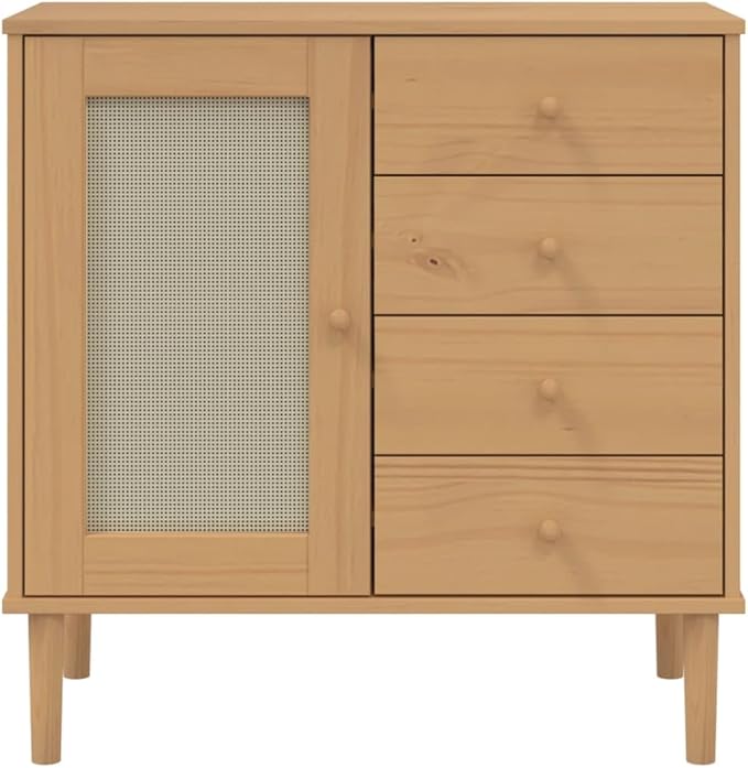 Brown Solid Pine Wood Sideboard, Rattan Look Buffet Cabinet with Drawers, 31.5 Inch Storage for Living Room, Hallway Furniture Kitchen Furnitur