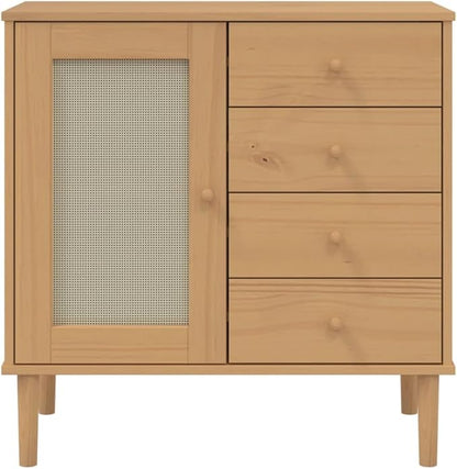 Brown Solid Pine Wood Sideboard, Rattan Look Buffet Cabinet with Drawers, 31.5 Inch Storage for Living Room, Hallway Furniture Kitchen Furnitur