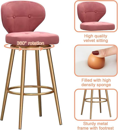 Counter Height stools Set of 2, 360° s with Back and Footrest, Thickened Upholstered Cushion, Tall Chairs for Kitchen Island, Dining Room, Home, Cafe,Pink-Sitting Height 75cm