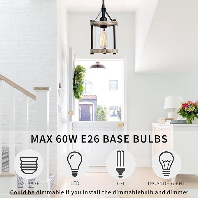 Farmhouse Pendant Light, Rustic White Wood Metal Cage Hanging Light Fixtures with Glass, 43 Inch Adjustable for Flat and Slop Ceiling, Pendant Lighting for Kitchen Island Foyer Hallway, 2 Pack