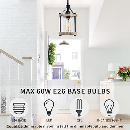 Farmhouse Pendant Light, Rustic White Wood Metal Cage Hanging Light Fixtures with Glass, 43 Inch Adjustable for Flat and Slop Ceiling, Pendant Lighting for Kitchen Island Foyer Hallway, 2 Pack