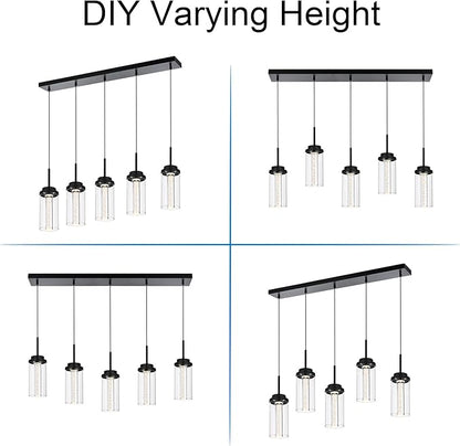 MELUCEE Modern Chandelier for Dining Room 5-Light Dimmable LED Pendant Light with Clear Glass Shade, 3000K-6000K Adjustable Color Temperature Linear Island Lights for Kitchen Dining Table, 25W, Black