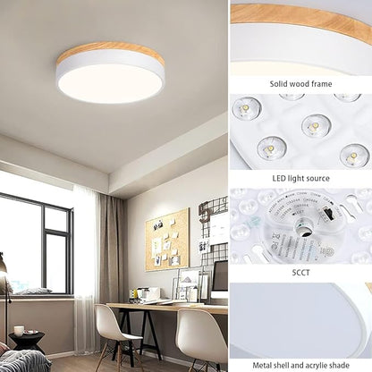Modern Wood Flush Mount Ceiling Light, White LED 5CCT 2700K-6000K Dimmable Ceiling Light Fixtures, Round Close to Lighting Fixture for Kitchen Entryway Hallway Bedroom Laundry Room-11.8in