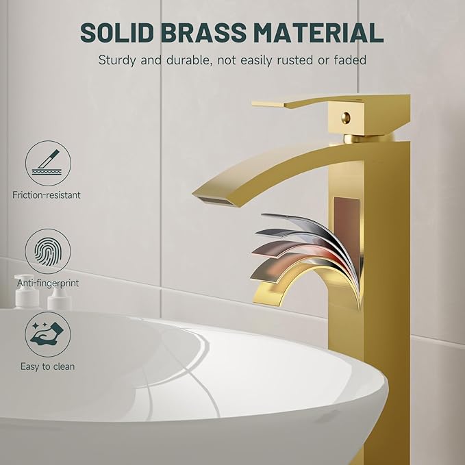 Brushed Gold Vessel Sink Faucet, Greenspring Waterfall Bathroom Faucets, Tall Spout Single Handle Single Hole Bathroom Faucets with Pop Up Drain and Without Overflow Basin Faucet Supply Line