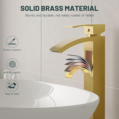Brushed Gold Vessel Sink Faucet, Greenspring Waterfall Bathroom Faucets, Tall Spout Single Handle Single Hole Bathroom Faucets with Pop Up Drain and Without Overflow Basin Faucet Supply Line