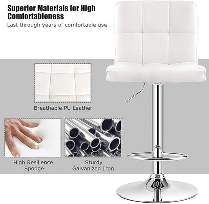 COSTWAY Adjustable Bar Stools Set of 2, Modern Swivel PU Leather Bar Chair with Backrest, Soft Cushioned Seat, Footrest, Sturdy Metal Frame, Comfortable Barstools for Kitchen Island, Pub, White