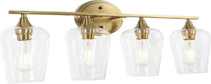JONATHAN Y 32" Brass Gold 4-Light Farmhouse Rustic LED Vanity Light Sconce, Clear Glass Shade, Vintage Indoor Fixture for Bathroom Mirror, LED Bulb Included (JYL7548B)