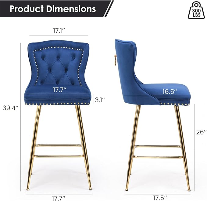 Luxurious Velvet Counter Height Bar Stools Set of 2 with Metal Legs, Button Tufted, Nailheads Trim, Wing-Back Bar Chairs for Kitchen Island Dining Room Pub(Blue)