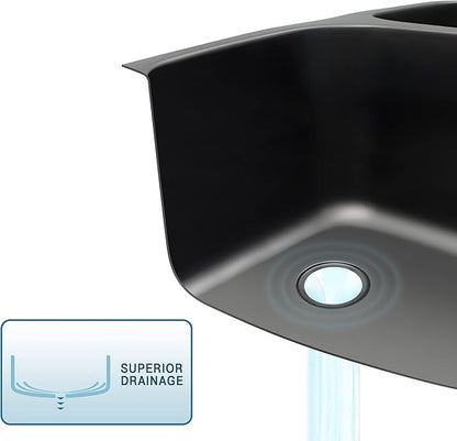 LQS 32 Inch Black Kitchen Sink, Double Bowl Kitchen Sink, Undermount Kitchen Sink Stainless Steel, Black Oval Kitchen Sink with Sleek Roun Corner for Easy Cleaning and Two Sink Strainers