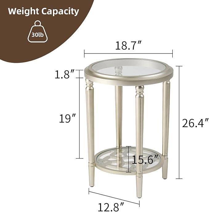 SUNBURY Set of 2 Modern End Tables with Tempered Glass Tops & Glass Lower Shelves, MDF Nightstands for Living Room, Bedroom, Dining Room (Champagne)