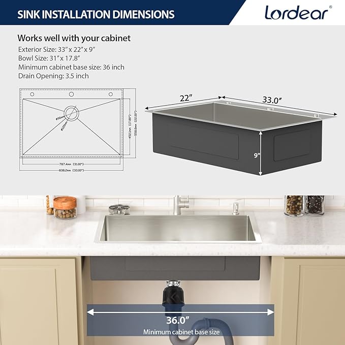 Lordear 33 Inch Drop In Kitchen Sink with Faucet Combo 33 x 22 Stainless Steel Kitchen Sink Top Mount Single Bowl 16 Gauge T304 with Drain Strainer Glass Rinser Soap Dispenser Grid Rollup Rack