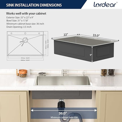 Lordear 33 Inch Drop In Kitchen Sink with Faucet Combo 33 x 22 Stainless Steel Kitchen Sink Top Mount Single Bowl 16 Gauge T304 with Drain Strainer Glass Rinser Soap Dispenser Grid Rollup Rack