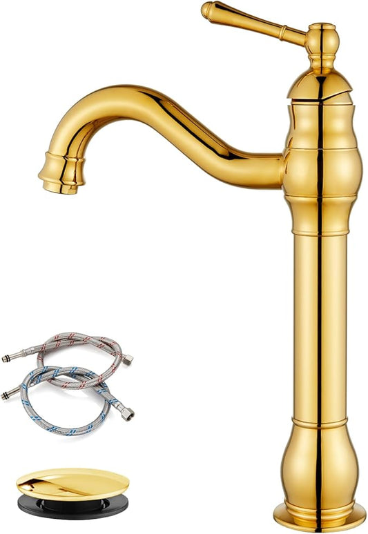 gotonovo Vessel Sink Faucet 360° Swivel Spout Single Handle Tall Bathroom Faucet 1 Hole Farmhouse Lavatory Washbasin Mixer Tap Matching Supply Hoses, with Pop Up Drain, Polish Gold