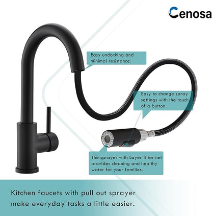 Cenosa Modern Bar Sink Faucet for Kitchen Sink Single Handle with Pull Out Sprayer Hot and Cold Prep Sink Faucet Matte Black