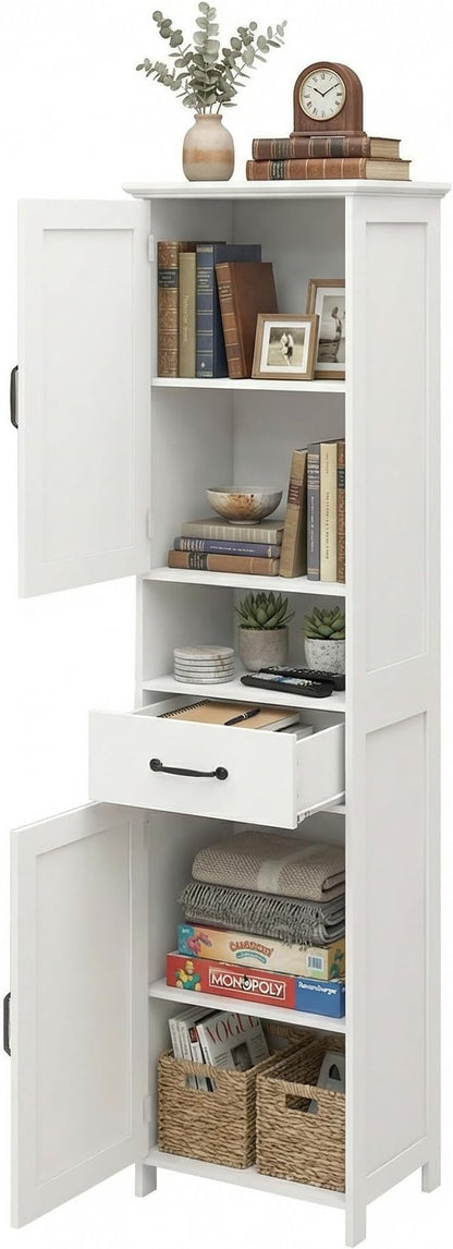 Casaphoria Tall Bathroom Storage Cabinet, 65" H Narrow Floor Cabinet with 2 Barn Doors and 1 Drawer, Freestanding Linen Tower with Adjustable Shelves, Anti-Tipping, White