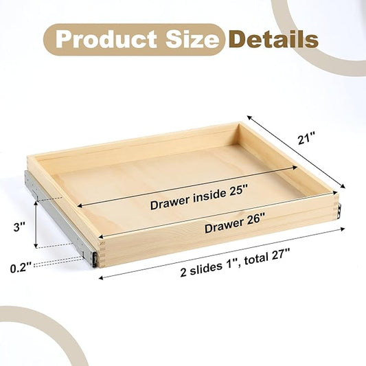 26" Pull Out Cabinet Drawer (Fits 27" Cabinet Opening), Wood Slide Out Cabinet Shelf Organizer with Ball Bearing Slides, Clear Lacquer Finish, Heavy Duty Kitchen Cabinet Pull Out Shelves