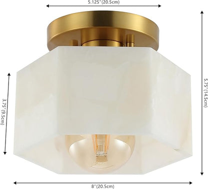 JONATHAN Y 8" Brass Gold Modern 1-Light Hexagonal LED Semi Flush Mount Ceiling Light, White Alabaster Marble Shade, Glam Lamp for Hallway, Bedroom, Bathroom, LED Bulb Included JYL1204A