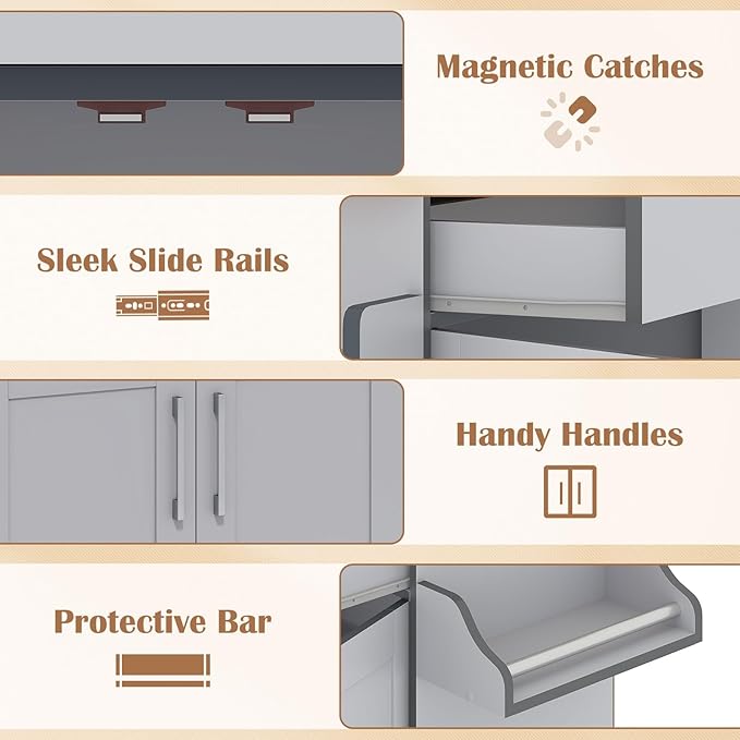 Giantex Kitchen Island, Rolling Kitchen Cart with Spice and Towel Rack, Large Drawer & 2-Door Storage Cabinet, Home Service Cart on Lockable Wheels, Wood Kitchen Trolley, Spacious Tabletop (Gray)