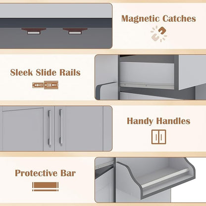 Giantex Kitchen Island, Rolling Kitchen Cart with Spice and Towel Rack, Large Drawer & 2-Door Storage Cabinet, Home Service Cart on Lockable Wheels, Wood Kitchen Trolley, Spacious Tabletop (Gray)
