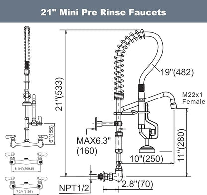 Commercial Kitchen Faucet Wall Mount with Pre-Rinse Sprayer 21" Height Wall Mount Kitchen Sink Faucet 8 Inch Center with 10" Add-on Swing Spout Faucet & Coiled Spring Pull Down Spray