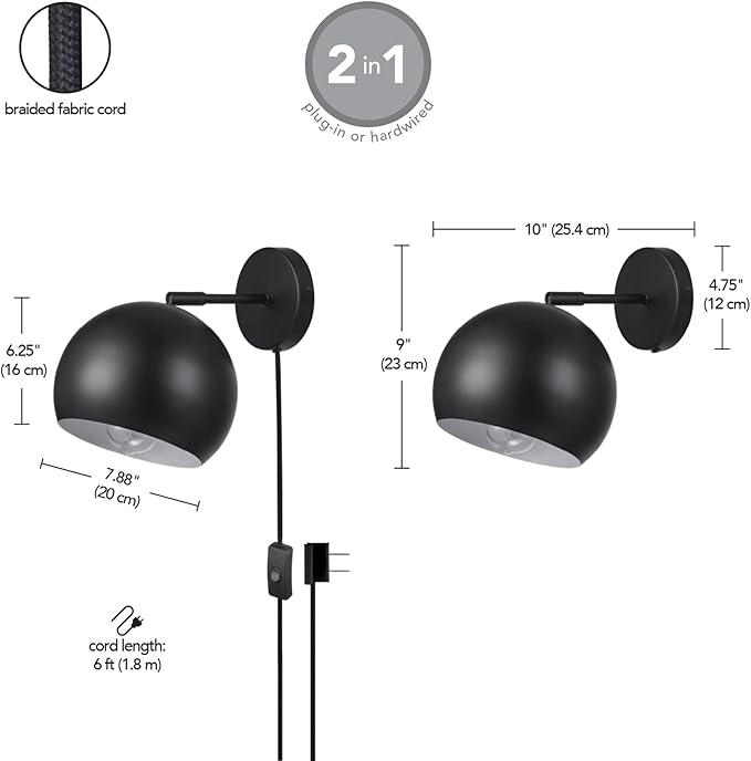 Globe Electric 52076 Molly 1-Light Plug-in or Hardwire Wall Sconce, Matte Black