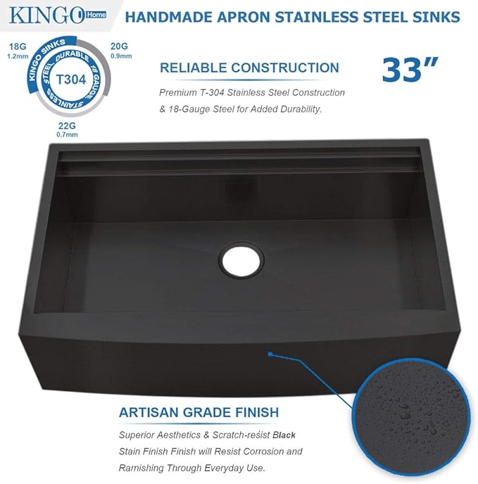 KINGO HOME 33 inch Black Farmhouse Sink, 16 Gauge Double Ledges Stainless Steel Farmhouse Kitchen Workstation Sink, All In One Apron Front Deep Single Bowl Kitchen Farm Sytle Farmer Sinks 33"x20"x9