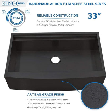 KINGO HOME 33 inch Black Farmhouse Sink, 16 Gauge Double Ledges Stainless Steel Farmhouse Kitchen Workstation Sink, All In One Apron Front Deep Single Bowl Kitchen Farm Sytle Farmer Sinks 33"x20"x9