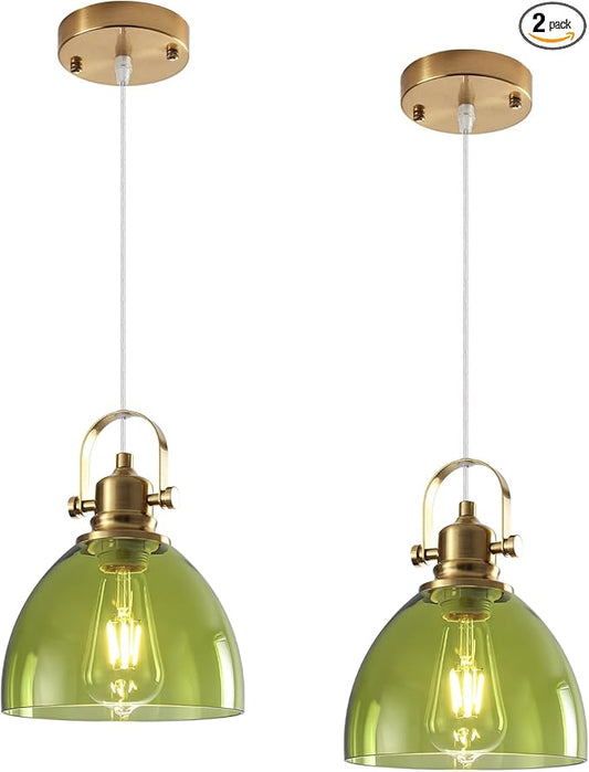 Farmhouse Pendant Lights Kitchen Island, 7.5 inch Green Glass Pendant Lights, Vintage Clear Pendant Light Fixtures 2-Pack, Modern Hanging Pendant Light for Kitchen Island, Bedroom, Bathroom