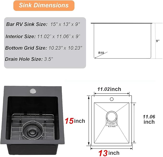 13x15 Inch Black Drop In Bar Sink, Black Small Bar Sink, Stainless Steel Bar Prep Sink, Kitchen Wet Sink for RV, Laundry, Single Bowl 16 Gauge Bar Sink with Bottom Grid, Strainer