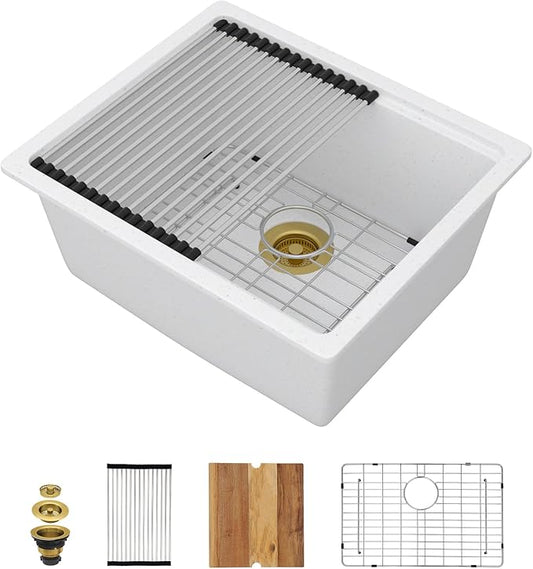 21 Undermount Bar Sink Workstation - 21”x18" Undermount Wet Bar Sink White Granite Composite Quartz Classic Single Bowl Under Counter Small Prep Rv Kitchen Sinks #TLGU-128
