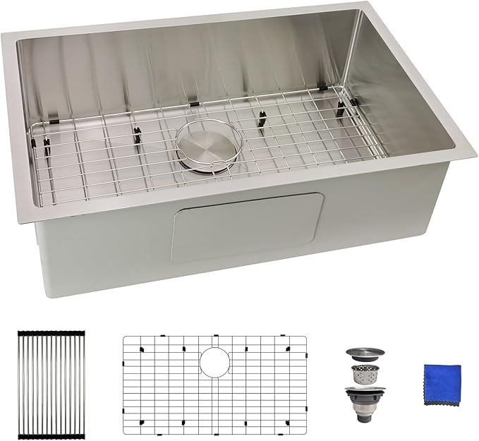 28 Inch Undermount Kitchen Sink, Delironexu 16 Gauge 304 Stainless Steel Kitchen Sink, 28" x 18" Single Bowl Undermount Sink with 4 Accessories: Bottom Grid, Roll-Up Rack, Drain & Towel