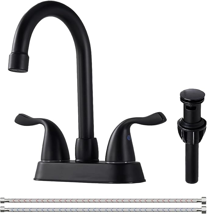 HOTIS Matte Black 4-Inch Centerset Bathroom Faucet, 2-Handle 3-Hole Sink Faucet with Pop-up Drain & Supply Lines