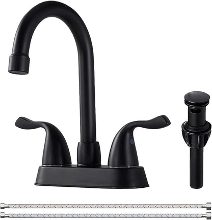 HOTIS Matte Black 4-Inch Centerset Bathroom Faucet, 2-Handle 3-Hole Sink Faucet with Pop-up Drain & Supply Lines