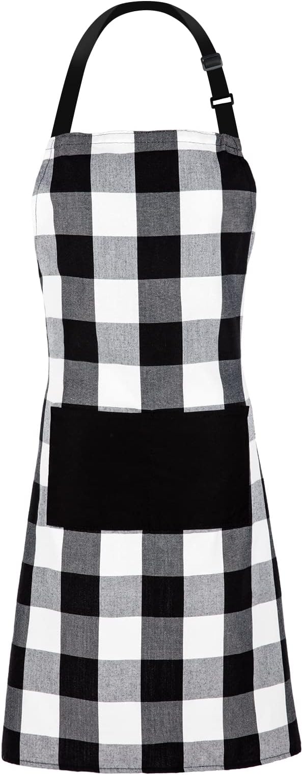 Jubatus 1 Pack Buffalo Check Apron with 2 Pockets Adjustable Bib Chef Kitchen Aprons for Men and Women, Black & White