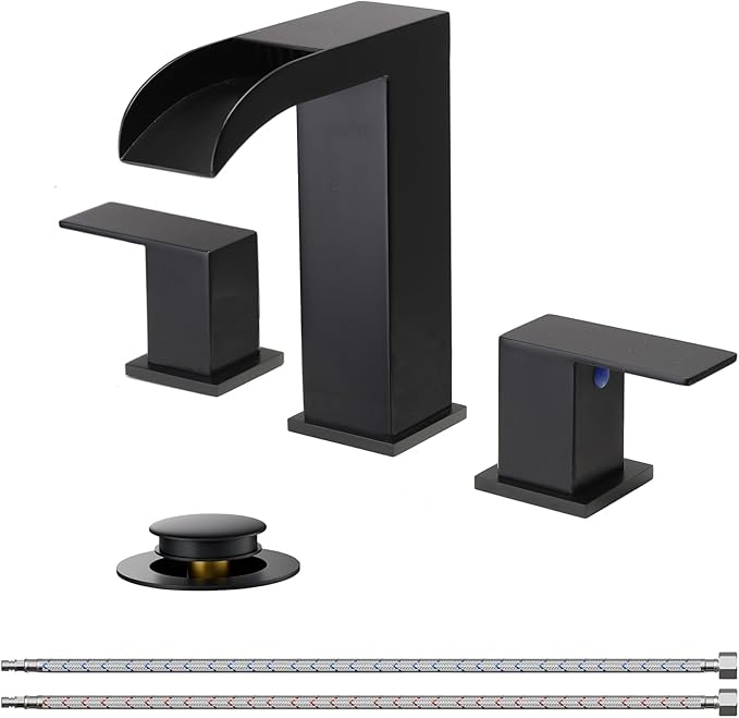 VCCUCINE Black Bathroom Faucet 3 Hole, 8 Inch Widespread Square Waterfall Bathroom Sink Faucet,Matte Black Vanity Bathroom Faucets for Vanity, Restroom, Commercial with Pop Up Drain and Supply Lines